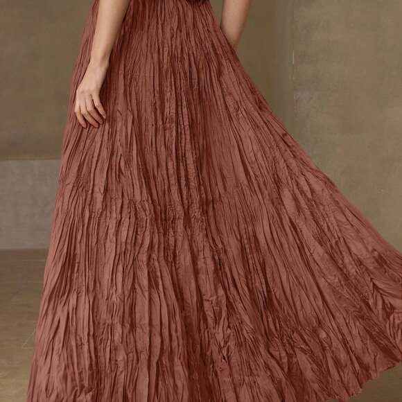 Orange Elegant Women's Premium High Waist Plisse Maxi Skirt - Picture 3 of 7